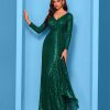 Sequin Long Sleeve V-Neck Elegant Maxi Evening Gown Women Dress