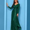 Sequin Long Sleeve V-Neck Elegant Maxi Evening Gown Women Dress