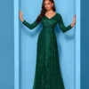Sequin Long Sleeve V-Neck Elegant Maxi Evening Gown Women Dress