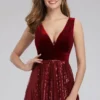 Sequin Patchwork Velvet V-Neck Sleeveless A Line Maxi Evening Dress Elegant