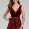 Wine Red Sequin Velvet Patchwork Sleeveless V-Neck A-Line Maxi Dress