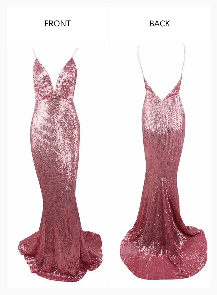 Sequin Evening Dress Women Spaghetti Strap V-Neck Backless Mermaid Gown