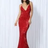 Sequin Evening Dress Women Spaghetti Strap V-Neck Backless Mermaid Gown