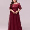 Women Plus Size Elegant Sequin Embroidery Short Sleeve Tulle Evening Gown Dress