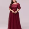 Women Plus Size Elegant Sequin Embroidery Short Sleeve Tulle Evening Gown Dress