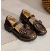 Womens Lolita Mary Jane Round Toe Bow Buckle Waxed Leather Low Heel Breathable