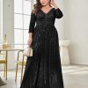 Women Plus Size Sequin Long Sleeve V-Neck Elegant Evening Party Dress