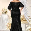 Plus Size Sequin Dress V-Neck Half Sleeve Slim Flowy Evening Gown