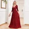 Sequin Evening Dress Women Long Sleeve V-Neck Elegant Maxi Gown