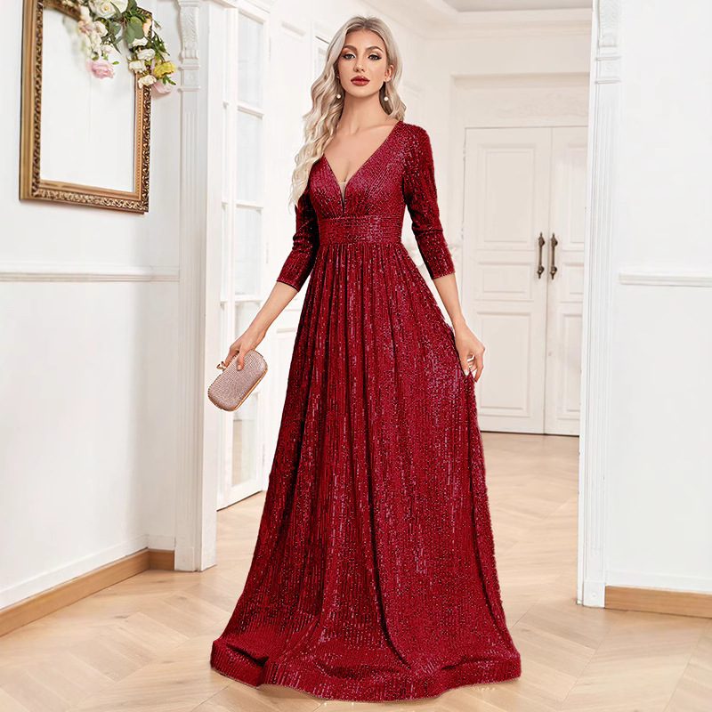 Sequin Evening Dress Women Long Sleeve V-Neck Elegant Maxi Gown
