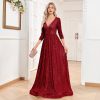 Womens Sequin V-Neck Long Sleeve Slim Maxi Evening Dress