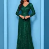 Sequin Long Sleeve V-Neck Elegant Maxi Evening Gown Women Dress