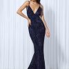 Sequin Evening Dress Women Spaghetti Strap V-Neck Backless Mermaid Gown
