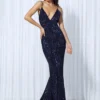 Sequin Evening Dress Women Spaghetti Strap V-Neck Backless Mermaid Gown
