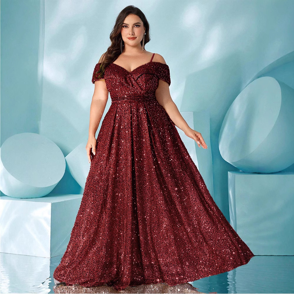 Plus Size Velvet Sequin Spaghetti Strap Evening Gown 2025 Summer Slimming Dress