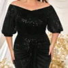 Plus Size Sequin Dress V-Neck Half Sleeve Slim Flowy Evening Gown