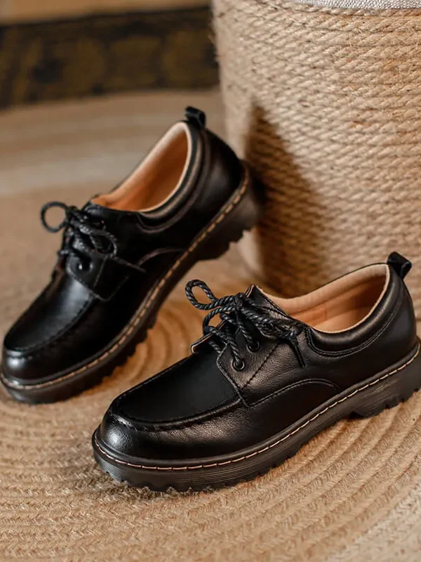 Womens Preppy Round Toe Lace-Up Leather Platform Shoes Oxfords