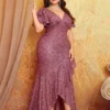 Plus Size Mermaid Sequin Evening Dress V-Neck Sleeveless High Waist