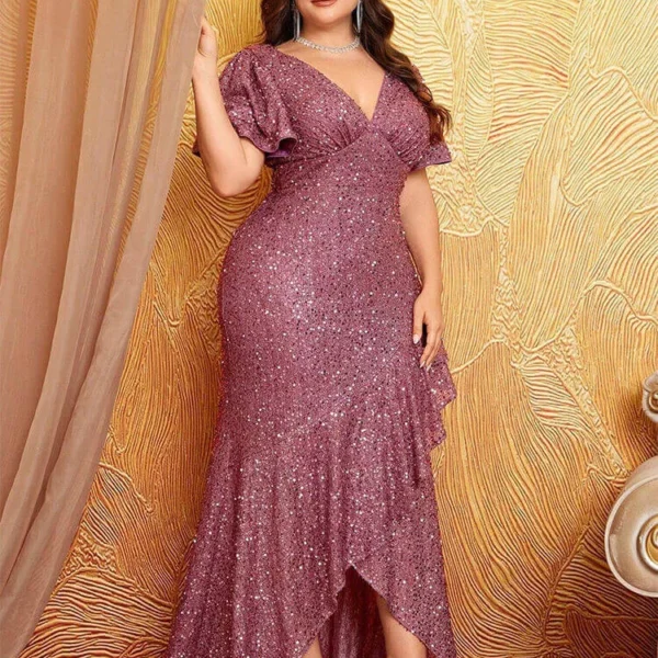 Plus Size Mermaid Sequin Evening Dress V-Neck Sleeveless High Waist