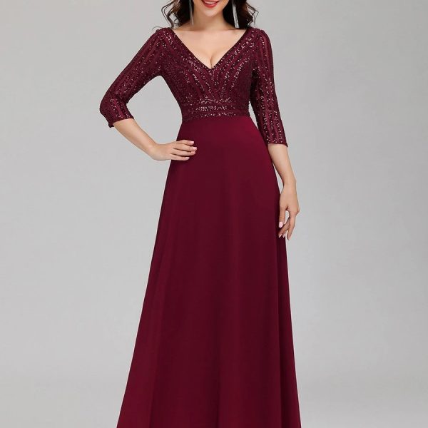 Plus Size Sequin V-Neck 3/4 Sleeve Evening Dress