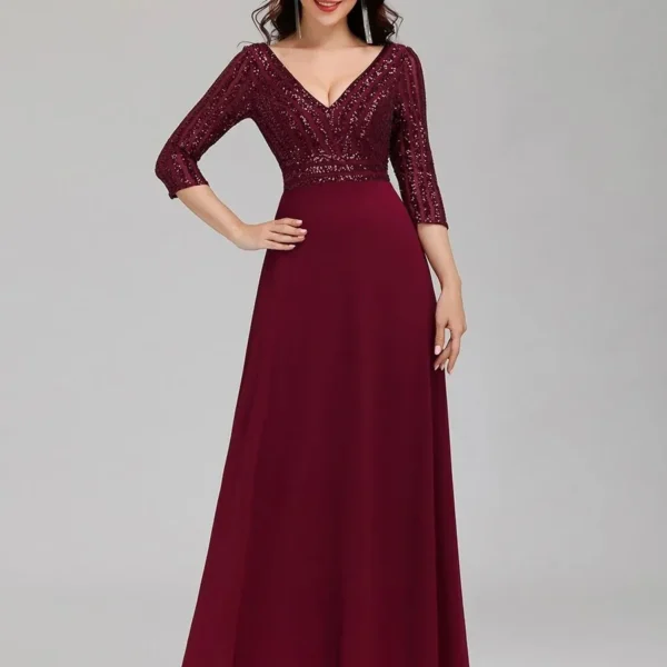 Plus Size Sequin V-Neck 3/4 Sleeve Evening Dress