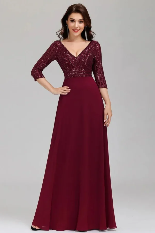 Plus Size Sequin V-Neck 3/4 Sleeve Evening Dress