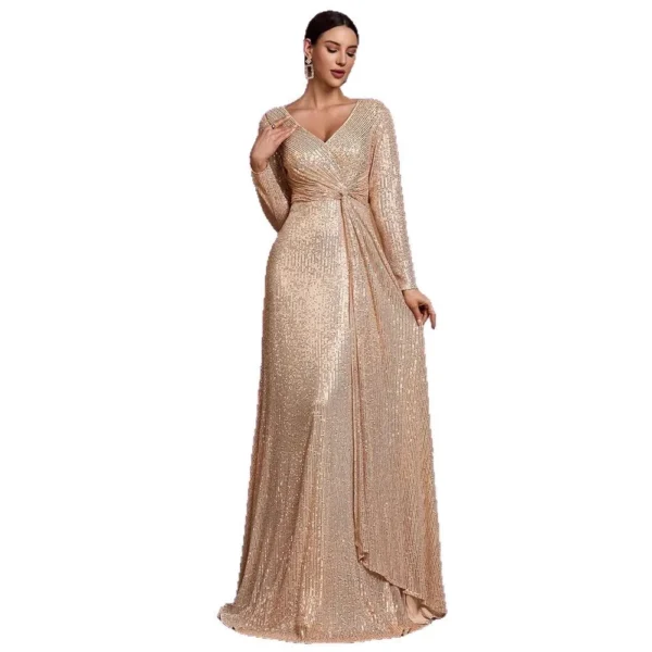 Sequin Long Sleeve V-Neck Elegant Maxi Evening Gown Women Dress