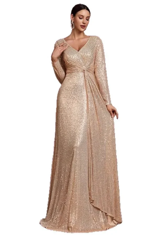 Sequin Long Sleeve V-Neck Elegant Maxi Evening Gown Women Dress