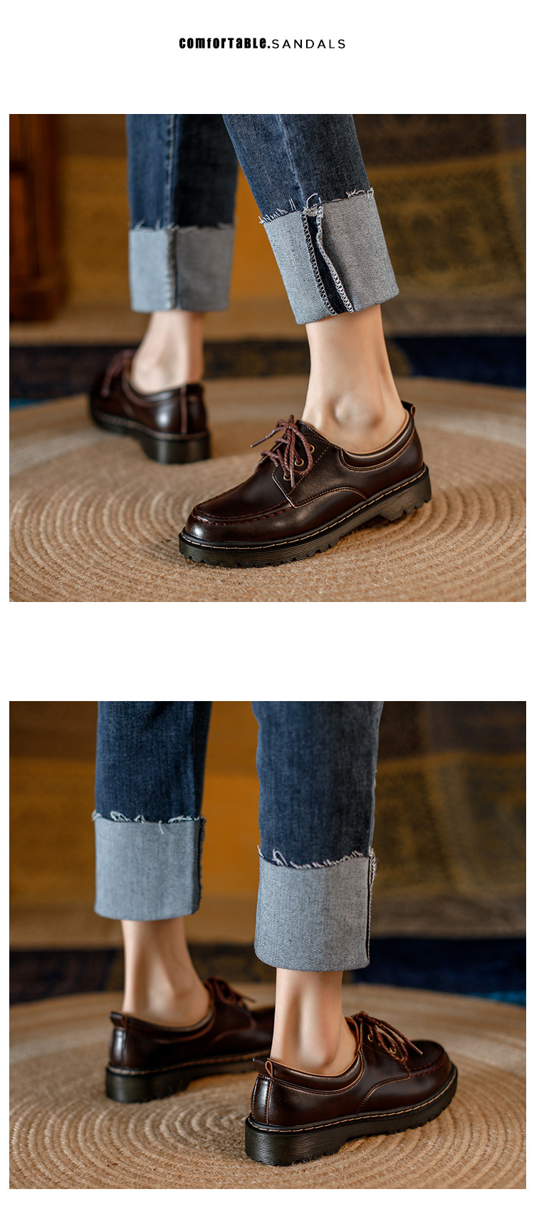 Womens Preppy Round Toe Lace-Up Leather Platform Shoes Oxfords