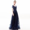 Navy Blue Lace Sleeveless High Waist Long Evening Gown Elegant Party Dress