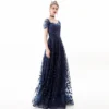 Navy Blue Lace Sleeveless High Waist Long Evening Gown Elegant Party Dress