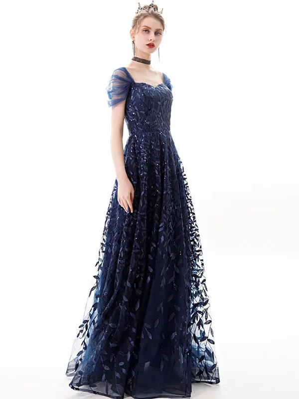 Navy Blue Lace Sleeveless High Waist Long Evening Gown Elegant Party Dress