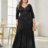 Women Plus Size Sequin Long Sleeve V-Neck Elegant Evening Party Dress