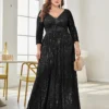 Women Plus Size Sequin Long Sleeve V-Neck Elegant Evening Party Dress