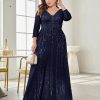 Women Plus Size Sequin Long Sleeve V-Neck Elegant Evening Party Dress
