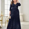 Women Plus Size Sequin Long Sleeve V-Neck Elegant Evening Party Dress