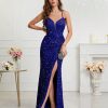 Womens Sequin Bodycon Evening Dress Spaghetti Strap V-Neck High Slit