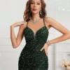 Womens Sequin Bodycon Evening Dress Spaghetti Strap V-Neck High Slit