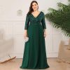 Plus Size Sequin V-Neck 3/4 Sleeve Evening Dress