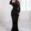 Long Sleeve Sequin Stretchy Mermaid Evening Dress Floor-Length Elegant