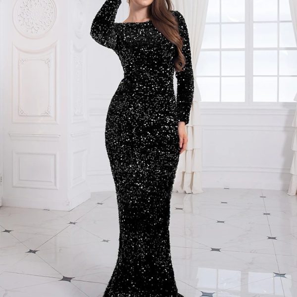 Long Sleeve Sequin Stretchy Mermaid Evening Dress Floor-Length Elegant