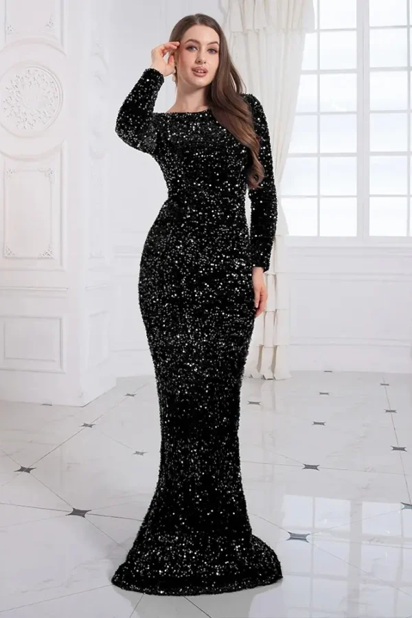 Long Sleeve Sequin Stretch Velvet Mermaid Evening Dress