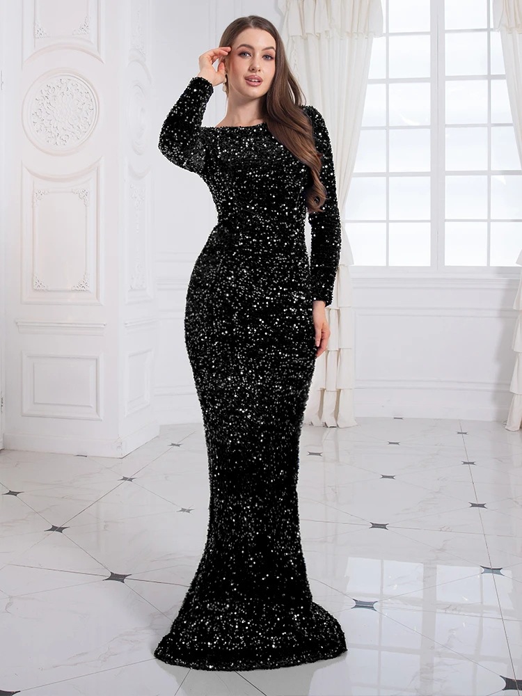 Long Sleeve Sequin Stretch Velvet Mermaid Evening Dress