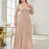 Women Plus Size Sequin Long Sleeve V-Neck Elegant Evening Party Dress