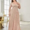 Women Plus Size Sequin Long Sleeve V-Neck Elegant Evening Party Dress