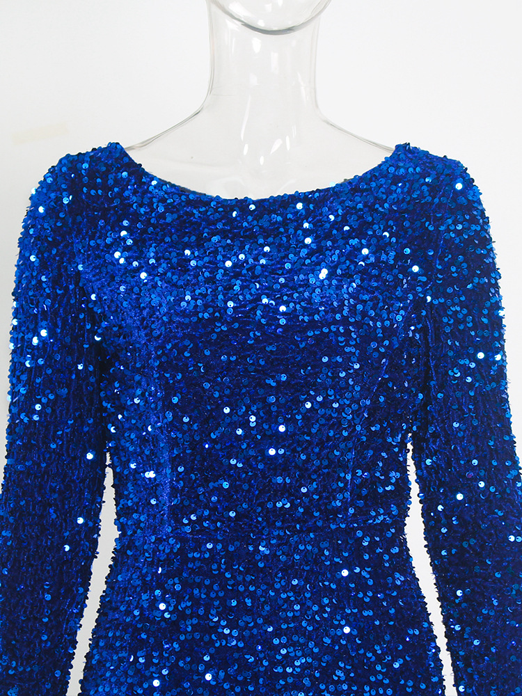 Long Sleeve Sequin Stretch Velvet Mermaid Evening Dress