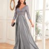 Sequin V-Neck Long Sleeve Satin Evening Gown Plus Size