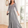 Sequin V-Neck Long Sleeve Satin Evening Gown Plus Size