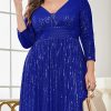 Women Plus Size Sequin Long Sleeve V-Neck Elegant Evening Party Dress