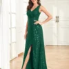 Womens Elegant Sequin Evening Cocktail Dress Deep-V Asymmetric Slit Slim